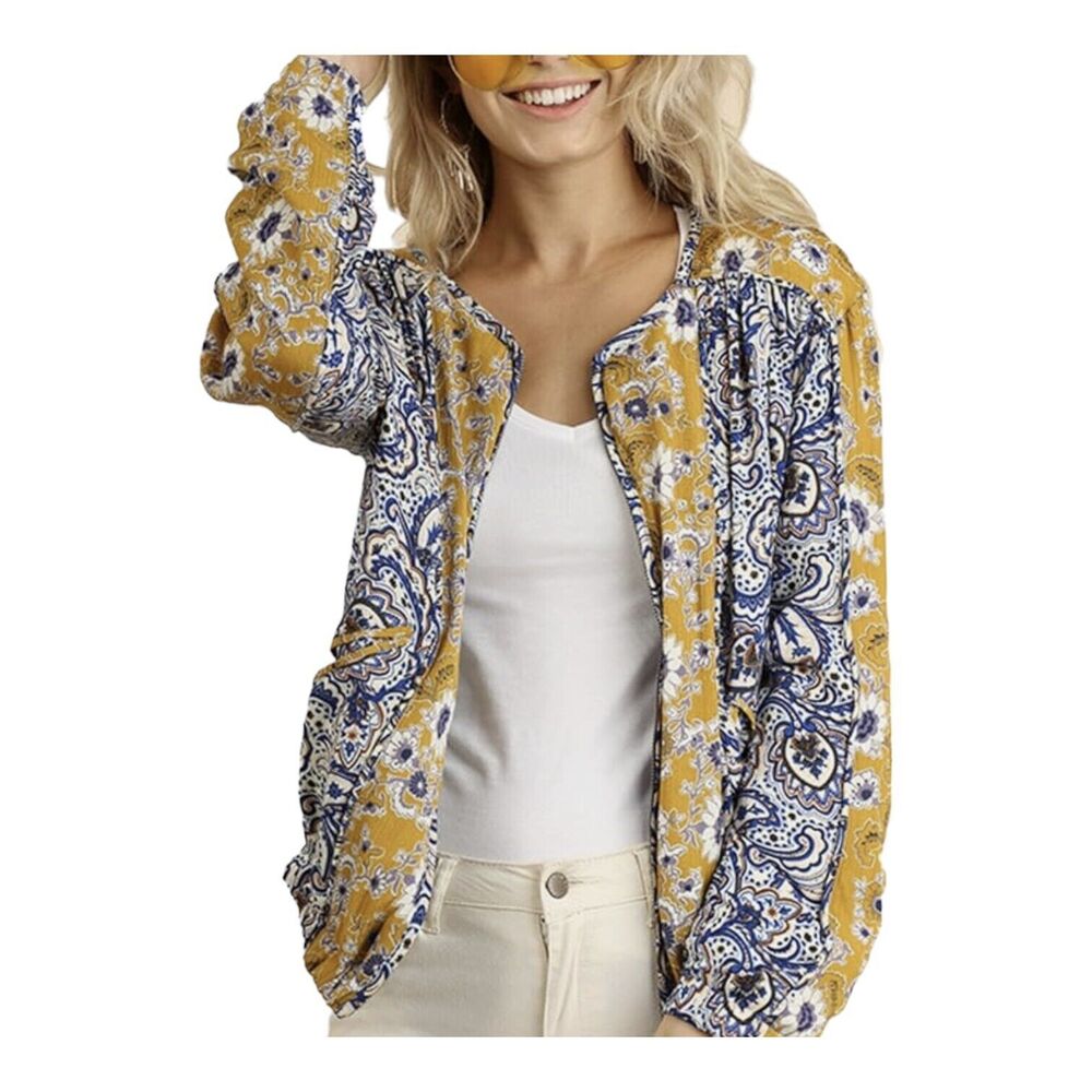 Umgee Paisley Boho Blue Yellow‎ Floral Full Zip Bomber Jacket Women Sz S